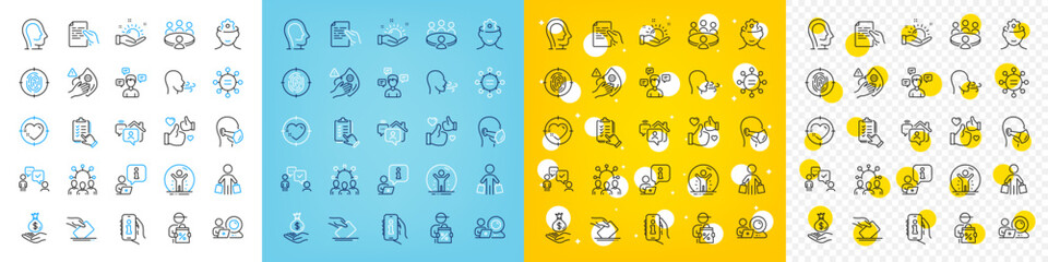 Vector icons set of Breathing exercise, Recovered person and Voting ballot line icons pack for web with Fingerprint, Income money, Heart target outline icon. Conversation messages. Vector