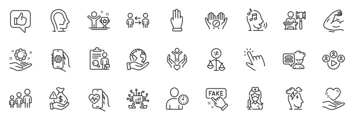 Icons pack as Teamwork, Three fingers and Stress line icons for app include Volunteer, Vaccination, Inspect outline thin icon web set. Psychology, Winner cup, Cursor pictogram. Vector