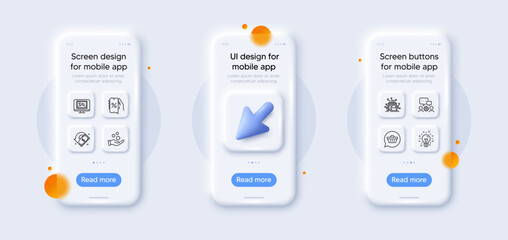 Distribution, Donation money and Idea line icons pack. 3d phone mockups with cursor. Glass smartphone screen. Shopping cart, Photo thumbnail, Cashback web icon. Vector
