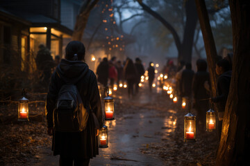 Obraz premium A Las Posadas lantern procession illuminating a neighborhood street, evoking a sense of community and togetherness. Generative Ai.