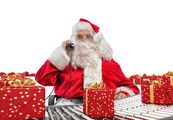 3d rendering of  santa claus with phone and xmas gift boxes and wrapped on conveyor roller
