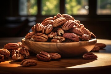 Pile of pecan nuts in a bowl - obrazy, fototapety, plakaty