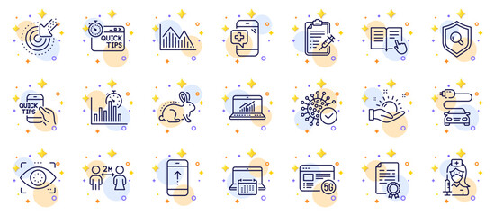 Fototapeta na wymiar Outline set of Animal tested, Quick tips and Vaccine report line icons for web app. Include 5g internet, Vaccination, Sunny weather pictogram icons. Targeting, Report timer, Coronavirus signs. Vector