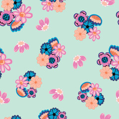 Folk-Inspired Flowers in Oranges, Blues, and Pinks Are Scattered across this Teal Blue Background Creating a Vector Repeat Seamless Pattern Design