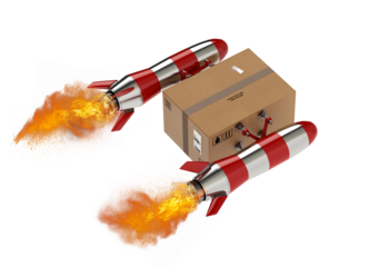 Fast delivery of a package by fast turbo rocket. 3d rendering