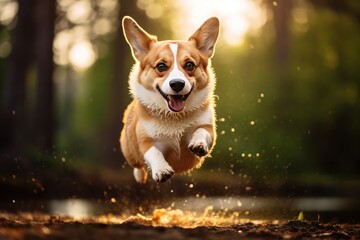 funny smiling welsh corgi pembroke dog running in the forest in a puddle