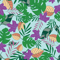A seamless Vector Repeat Pattern Design Creating a Scattered Pattern of Leaves of Monstera, Oak, Elm, Fern and Maple Leaves in Colors of Purple, Green, Grays, and Yellow on a Blue Background