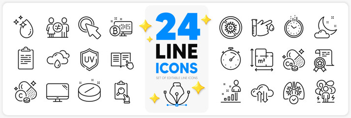 Icons set of Lungs, Blood donation and Click here line icons pack for app with Read instruction, Time, Certificate thin outline icon. Stop coronavirus, Night weather, Discrimination pictogram. Vector