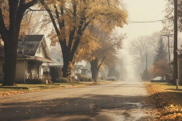 Fototapeta premium foggy misty road in suburban area in autumn with yellow foliage on trees