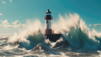 lighthouse storm waves splash peaceful landscape freedom scene beautiful nature wallpaper photo - obrazy, fototapety, plakaty