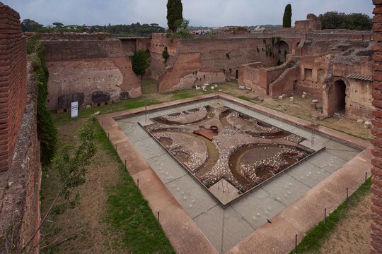 Inner courtyard of Domus Augustana, private part of the Palace of Domitian (Palazzo di Domiziano) of the Palatine Hill, within the archaeological park of the Colosseum, Rome, Italy