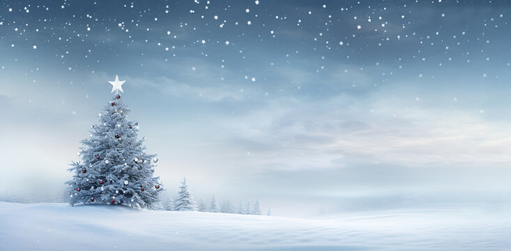 Winter forest with spruce and pine trees covered with snow, against the background of the night sky. New Year card..