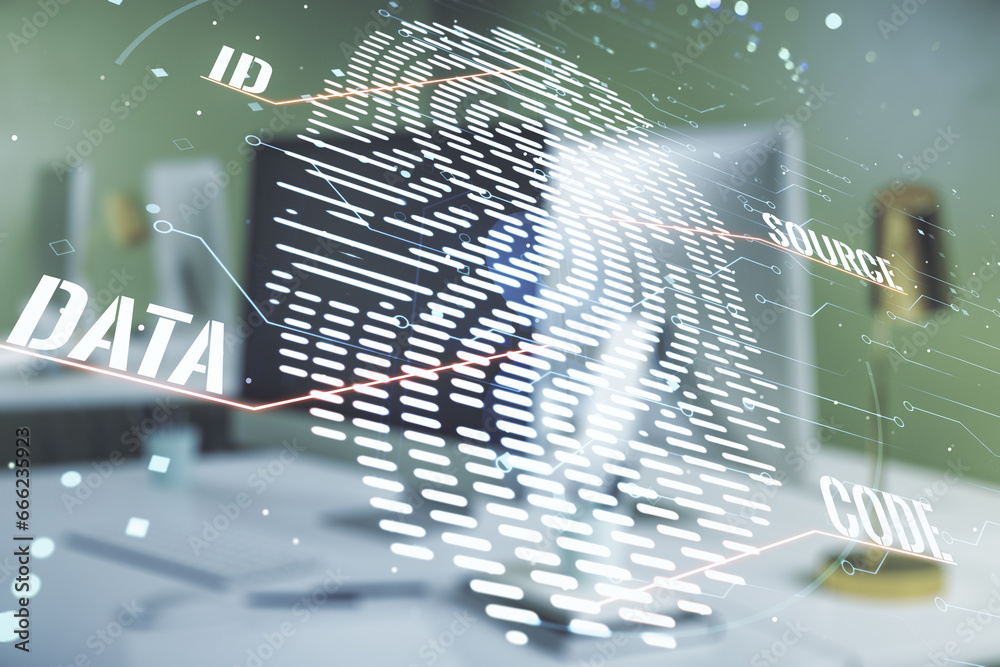 Poster double exposure of abstract creative fingerprint hologram on computer background, protection of pers