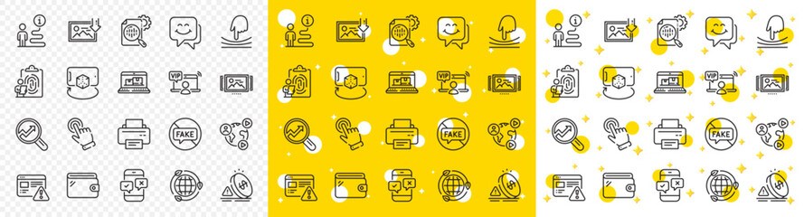 Outline Smile face, Image carousel and Printer line icons pack for web with Cursor, Internet warning, Fake news line icon. Wallet, Seo stats, Inflation pictogram icon. Fingerprint. Vector