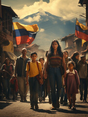 march of Colombia, flags in the background - obrazy, fototapety, plakaty