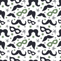 Carnaval pattern with moustache and masks, Stars. monochrome. For textile, fabric, web, wrapping paper, invitation cards