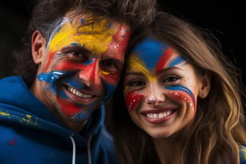 Foto op Canvas boy and girl close-up in painted in the colors of the colombian flag © Роман Варнава