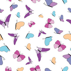 Butterflies of Purple, Blue, Teal, Yellow, and Pink Scattered on a White Background