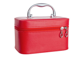 Red leather suitcase with storage handle, isolated on white background