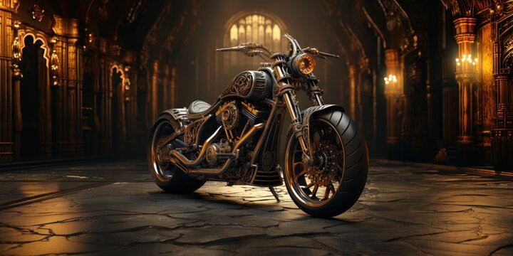 Chopper motorcycle art, bike fan printable art, custom moto bike, castle setting, throttle, chrome, cathedrale hall, exhibit, generative AI, JPG