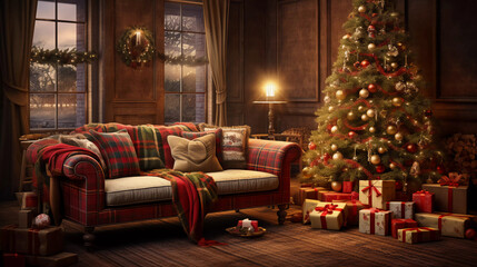 luxury living room with Christmas tree 