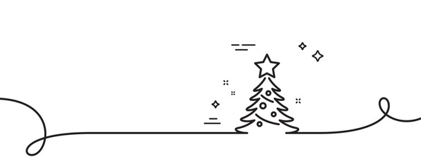 Christmas tree present line icon. Continuous one line with curl. New year spruce sign. Fir-tree symbol. Christmas tree single outline ribbon. Loop curve pattern. Vector