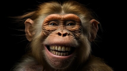 Funny Portrait of Smiling Barbary Macaque Monkey, showing teeth Isolated on Black Background 