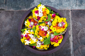 Top view of flower basket for pooja
