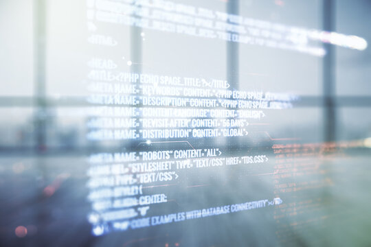 Abstract virtual coding illustration on modern interior background, software development concept. Multiexposure