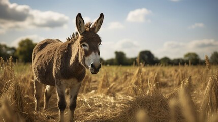 Donkey standing on a field with a blurred background 
