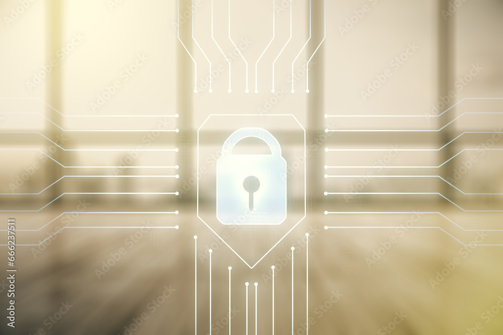 Poster double exposure of virtual creative lock hologram with chip on empty modern office background. infor