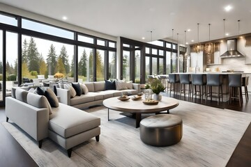 A Beautiful living room interior in new luxury home with open concept floor plan. Shows kitchen, dining room, and wall of windows with amazing exterior