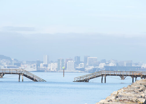 bridge dock collapsed in the middle. Failing infrastructure due to age and weather.