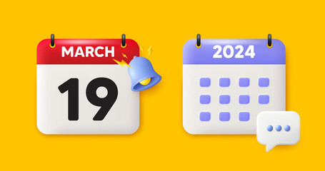 Calendar date 3d icon. 19th day of the month icon. Event schedule date. Meeting appointment time. 19th day of March month. Calendar event reminder date. Vector