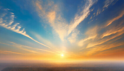 Fototapeta na wymiar Serene Sunrise Wispy Clouds Embracing a Tranquil Skyscape
