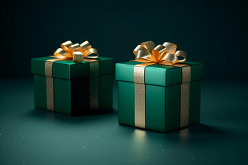 Christmas present gift boxes on a dark green background. 