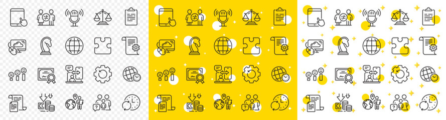 Outline Clipboard, Deflation and Cloud computing line icons pack for web with Justice scales, Update time, Documents line icon. Technical documentation, Phone timing. Vector