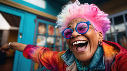 African american happy elderly senior woman with multi-colored pink hair takes a selfie outdoor on blurred background