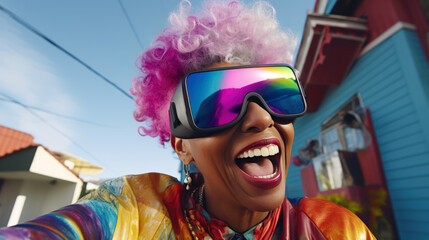 Cheerful elderly african american senior woman with multi-colored hair takes a selfie outdoor on blurred background