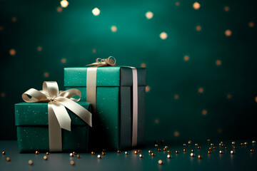Christmas present gift boxes on a dark green background. 