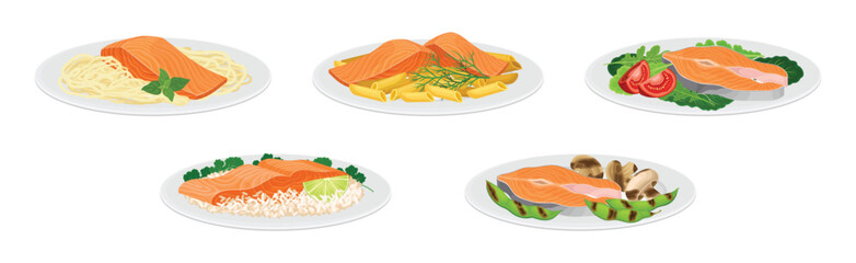 Tasty Salmon Fish Dish Served on Plate Vector Set
