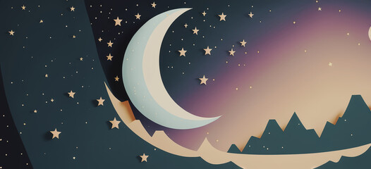 illustrazione di cielo notturno stellato con quarto di luna sopra un paesaggio incantato