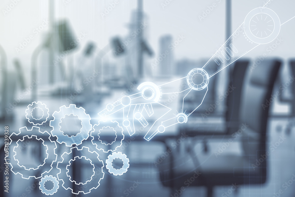 Aufkleber Abstract virtual robotics technology hologram on a modern furnished office background. Robot development and automation concept. Multiexposure