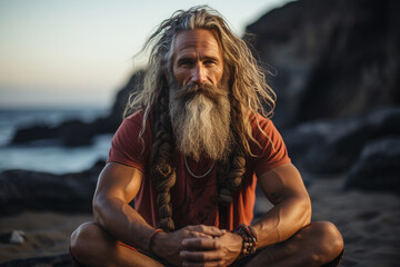 Senior yoga guru man with white beard and tattoo sitting in meditating, mindful living and healthy wellbeing concept. AI generative - obrazy, fototapety, plakaty