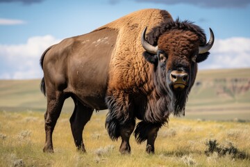 Wild American bison bull standing in grassy prairie. Generative AI