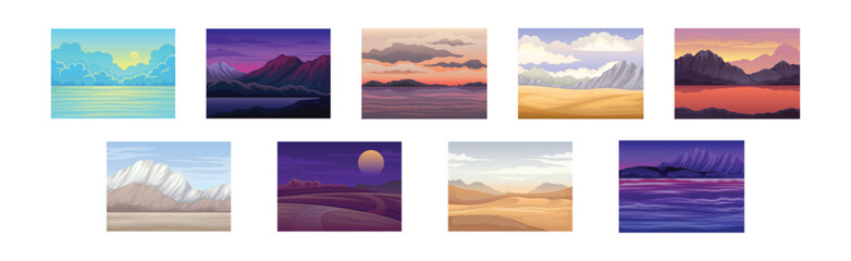 Sunrise and Sunset Landscapes with Horizon and Beautiful Sky Vector Set