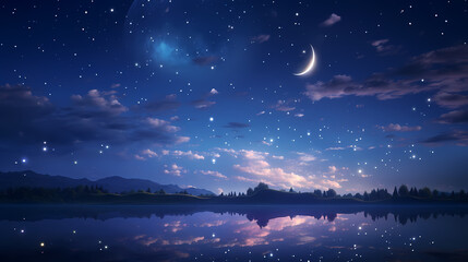 Dark blue sky at night with scattered stars in the background