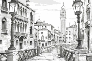 Street scene in Venice - sketch illustration for coloring book. Generative AI