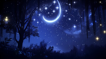 Dark blue sky at night with scattered stars in the background