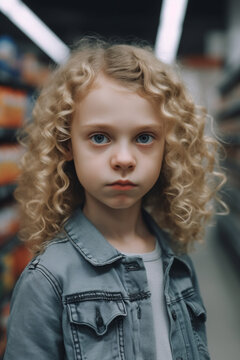 A sad little girl in front of the shelves in the store. AI Generated